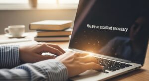 ノートPCにAIへのプロンプトを打ち込む人の手元。 画面には「あなたは優秀な秘書です」と表示され、AIが光る演出。 背景は静かな集中環境、柔らかい自然光。 人間とAIの協調を象徴する構図。