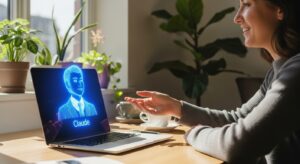 明るい自然光が差し込むデスク。 ノートパソコンの画面には、青く発光するClaudeのホログラムAIアシスタントが浮かび、 隣に座る人物（男女どちらでもOK）が笑顔でAIと会話している。 背景には観葉植物、カフェのような温かい雰囲気。 トーン: 親しみやすく温かい×未来的。 キーワード: personal AI, Claude Skills, holographic assistant, cozy workspace, natural light, photoreal, hopeful tone, blue accent.