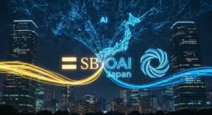 「東京・汐留のビル群を背景に、ソフトバンクとOpenAIのロゴを象徴する光のラインが中央で融合し、“SB OAI Japan”というホログラム文字が浮かび上がる。 背景にはデジタルデータの流れとAIネットワークが日本列島を包み込むように広がる。 スタイル：シネマティックリアリズム、ブルー×ホワイトの未来的カラー。」