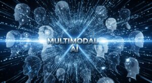 「テキスト・画像・音声・映像など複数の情報が光の粒子として交差し、中央に“MULTIMODAL AI”の文字が浮かび上がる。 周囲には人間の顔とAIのシルエットが重なり、互いにデータを共有するような未来的ビジュアル。 カラー:ブルー×シルバー。スタイル:シネマティックリアリズム、透明感のあるテクノロジービジュアル。」