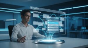 A futuristic workspace showing a glowing AI-powered browser interface labeled “ChatGPT Atlas.” Tabs automatically rearranging into clusters with soft neon light connections, symbolizing intelligent organization. A user watches as the browser autonomously summarizes and organizes tasks. Style: cinematic realism, cool blue × silver color palette, minimalist tech aesthetic.