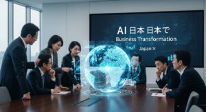 「日本のビジネス会議室。経営者たちがデジタルホログラムの地球儀とAIネットワークを見つめ、戦略的提携を議論している様子。 背後に“AI × Japan × Business Transformation”の文字が浮かぶ。 雰囲気：知的・戦略的・希望的。」