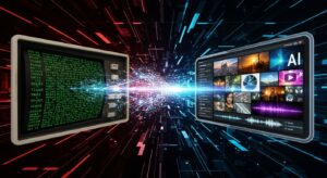 「片側にテキストベースの古いAIモデル、もう片側に画像・音声・映像が融合したマルチモーダルAIが対比的に描かれている。 両者の間をデータの光がつなぎ、“進化”を象徴する構図。背景は抽象的なデジタル空間。」