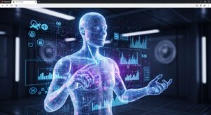 A digital humanoid AI assistant emerging from a browser window, surrounded by holographic data streams. The AI figure appears calm and intelligent, helping the user navigate tasks and information. Style: semi-realistic, glass-like holographic textures, high-tech glow, dark mode environment.