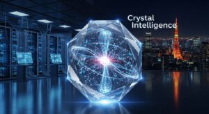 「透明なクリスタルの内部にAIデータや光の粒子が循環しており、“Crystal intelligence”という文字が浮かぶ。 背景は近未来のサーバールームや東京の夜景。 光沢感と透明感を重視したビジュアルで、“知性の結晶”を象徴。」