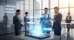 「ビジネスパーソンがAIホログラムと対話し、音声・映像・グラフデータが空中に浮かぶ。 背景に“直感的インタラクション”“データ統合”“表現の革新”の3つのキーワードが浮かび上がる。 トーン：インスピレーションと実用性の融合。」