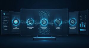 A multi-panel futuristic dashboard showcasing five holographic icons: Tab organization Personalized profile Automation shortcut Context assistant Smart memory optimizer Each glowing icon is connected by AI energy circuits. Style: infographic-like, clean futuristic UI, dark blue base with accent light.