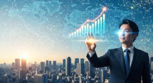 「日本企業のビジネスパーソンが、AIホログラムから光るデータを受け取っている。 背景にはオフィス街と、上空に広がるAIネットワーク。 “業務効率化・イノベーション・成長”を象徴する構図。 トーン：ポジティブで希望的。」