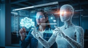 A human and AI figure co-working in front of a transparent browser interface, both looking at the same holographic project view. Represents “AI as a partner,” not a tool. Style: cinematic wide shot, light from holograms illuminating faces, soft blue tones.