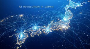 「日本列島全体を俯瞰した視点で、AIネットワークの光が各都市（東京・大阪・福岡など）を結び、活性化していく様子。 背景に“AI Revolution in Japan”の文字。 配色：明るい青・金色のグラデーション。」