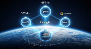 「OpenAI、Google、Microsoftを象徴する3つの光の球体が、地球を中心にネットワーク状に結ばれている。 各球体からデータの光線が放たれ、‘GPT-4o’ ‘Gemini’ ‘Azure AI’ の文字が浮かぶ。 背景は宇宙から見た地球で、AIネットワークが世界を包み込むイメージ。 スタイル：シネマティック・グローバルテック・青と白を基調にしたクリーンな輝き。」