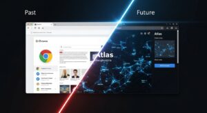 Two browser UIs side by side — left: Chrome (flat, traditional), right: Atlas (dynamic, AI-driven glowing interface). A glowing diagonal split visually separates “past” and “future.” Style: high-contrast tech composition, symbolic and editorial.