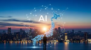 「夜明け前の東京上空に、AIネットワークの光が昇り、日本列島全体を照らす。 手前には“未来へ進む日本企業”を象徴するビジネスパーソンのシルエット。 スタイル：希望・進化・グローバルな展望。」