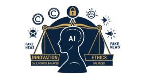 「中央にAIのシルエット、その左右に“正義の天秤”があり、片側に‘Innovation’、もう片側に‘Ethics’の文字。 背景には著作権アイコンやデータセキュリティを示す鍵マーク、フェイクニュースを象徴するノイズ画像などが浮かぶ。 雰囲気：冷静・誠実・バランス。カラー：ネイビーブルー × ゴールドのアクセント。」
