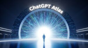 A user walking toward a massive glowing digital “portal” labeled “ChatGPT Atlas,” symbolizing the evolution of browsing. Style: epic cinematic scene, bright AI light, sense of hope and innovation.