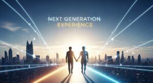 「人間とAIのシルエットが手を取り合い、光の道を進む。 背景には未来都市とデジタルネットワークが輝き、夜明けの空に“Next Generation Experience”の文字が浮かぶ。 カラー：青 × 白 × 金のグラデーション。スタイル：希望・進化・未来志向のビジュアル。」